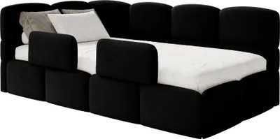Produktbild von Selsey Cloudy – Kinderbett 120x200, Kopfteil links, Matratze & Bettkasten, Samt Schwarz