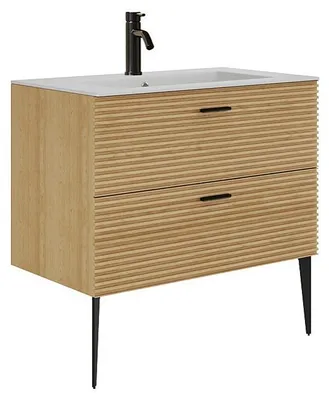 Produktbild von Gestreifter Badezimmerschrank auf Füßen mit Einbauwaschbecken und Armatur - 2 Schubladen - Helles Naturholz - 80 cm - SARONE