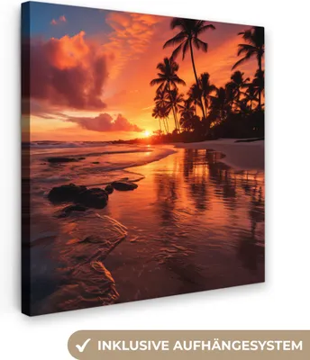 Produktbild von MuchoWow® - Leinwandbilder - Sonnenuntergang - Palmen - Strand - Meer - Horizont, Wandbild, Wanddeko Bilder Wohnzimmer, 50x50 cm