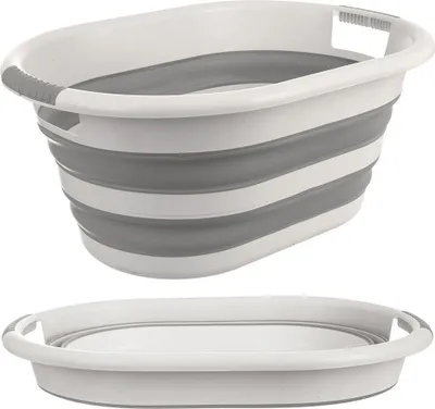 A collapsible laundry basket shown in both its expanded and collapsed states.
