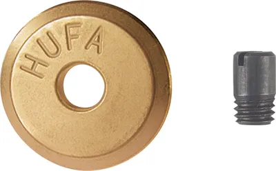 A gold cutting wheel with the brand name "HUFA" and a small gray threaded screw are shown against a white background.