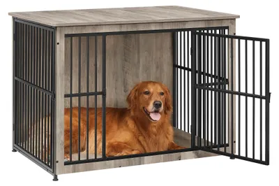 Produktbild von Feandrea Hundebox, Hundekäfig Möbel, Gitterbox aus Holz und Metall, mit 2 Türen und Geschlossenem Boden, 110 x 76 x 82 cm, für Zuhause, Helles Elfenbein und Tintenschwarz, Degwood PFC024G01