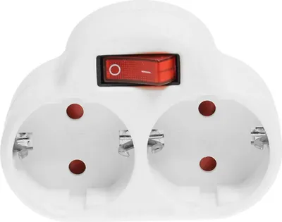 A white electrical adapter with two sockets and a red switch.