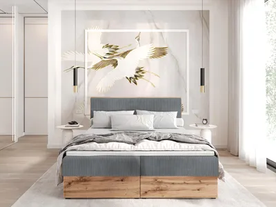 Obrázek produktu pro Postel s pružinami TILIA dvoulůžko s matrací Bonell Postel s topperem a podnožkou Čalouněná postel s čelem z látky Cord Moderní ložnice Wotan Plattet (180x200 Grey)