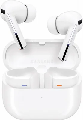 A pair of white Samsung Galaxy Buds3 Pro wireless earbuds are shown in their open charging case.