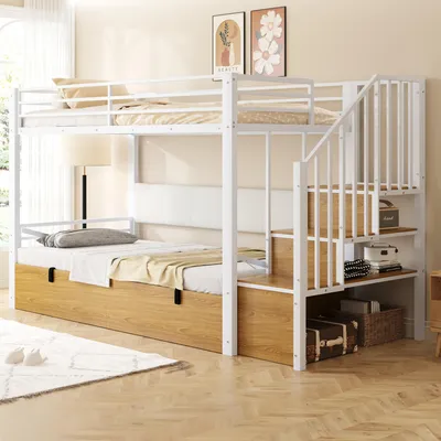 Produktbild von MODFU Jugendbett 90x200 mit gepolsterter Rückenlehne aus PolyurethanDoppelbett mit Stauraum und Sicherheitsgeländer Stockbett mit Hydraulische Funktion mit zwei Matratze Weiß