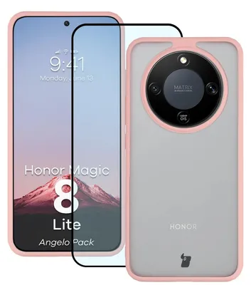 Produktbild von Schutzhülle + gehärtetem Glas für Honor Magic8 Lite, Bizon Angelo Pack, Semitransparent mit hellrosem Rahmen