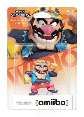 A Wario amiibo figure in its retail packaging.