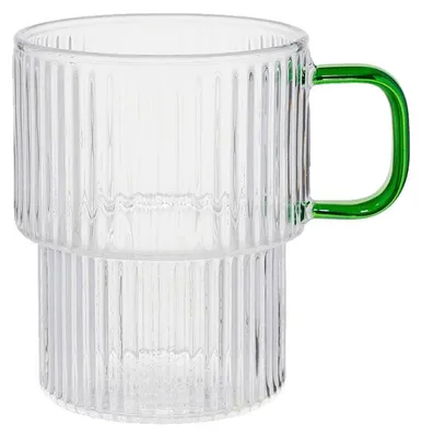 Produktbild von Geriffeltes Latte-Glas mit grünem Henkel, 300 ml – Transparent