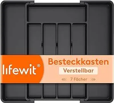 Produktbild von Besteckkasten für Schubladen 40–50, verstellbarer Kunststoff-Organizer für die Küche, Tiefe 35 cm, Besteckeinsatz mit 5–7 Fächern, erweiterbar bis 41 cm, für Löffel