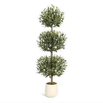 Productafbeelding van Kunstolijfboom, 152 cm - Topiaria kunstboom met 3 bolvormen - Realistische olijfbladeren - UV-bestendig - Witte pot - Decoratie voor binnen en buiten