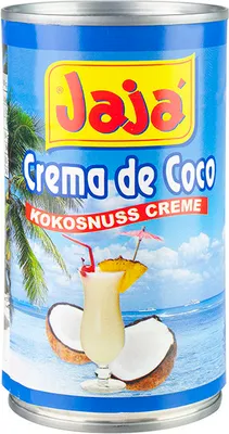 A can of Jaja Kokoscreme Crema de Coco with a tropical drink and coconuts depicted on the label.