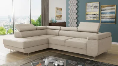 Produktbild von Ecksofa Caris mit Schlaffunktion und einstellbare Kopfstützen, Cord Stoff, Wohnlandschaft mit Bettkasten, Couch, Sofa, Bettsofa (Beige (Poso 100), Ecksofa Links)