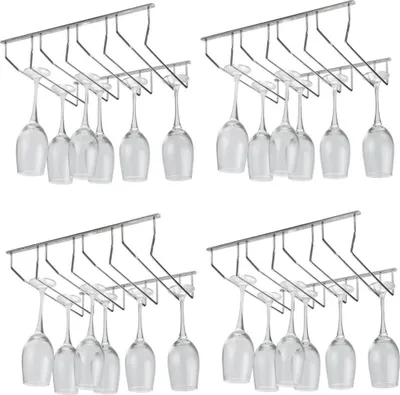 Four silver wine glass racks mounted on a white background, each holding multiple wine glasses.