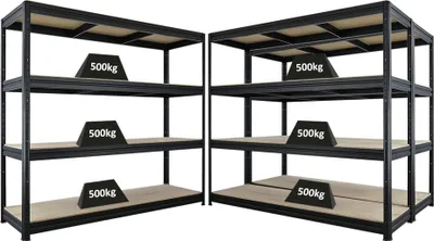 Produktbild von Mega Deal | 3x Schwerlastregal DINO | HxBxT 180x200x60cm | 4 Spanplatten-Ebenen 16mm | Fachlast 500kg | Schwarz