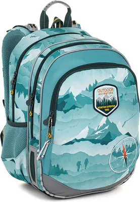 A backpack with a mountain and outdoor adventure theme.