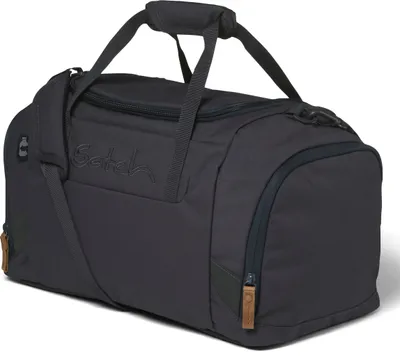 A dark gray duffel bag is shown against a white background.