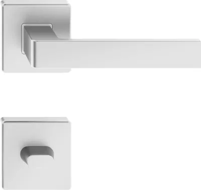 A silver door handle set on a white background.