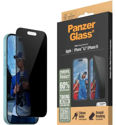 Produktbild von PanzerGlass ® 2-Way Privacy Displayschutz iPhone 16 | 15 | Ultra-Wide Fit m. EasyAligner, Apple, Apple - iPhone 16, Apple - iPhone 15, Trockene Anwendung, Kratzresistent, Schockresistent, Transparent, 1 Stück(e)