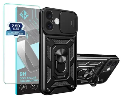 Produktbild von Armor Handyhülle für Apple iPhone 16 mit 9H Displayglas Displayschutz Kameraschutz Handy Panzer Case Cover Schutzhülle Outdoor Farbe: Schwarz