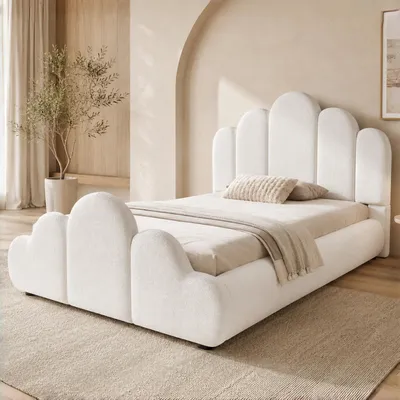 Produktbild von Flieks Polsterbett 90x200cm mit gepolstertem Kopfteil, Jugendbett Kinderbett mit Lattenrost, Einzelbett Holzbett mit Bouclé-Bezug, Beige