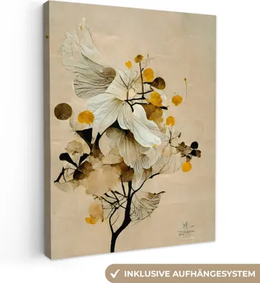 Produktbild von MuchoWow® - Leinwandbilder - Blumen - Pflanzen - Gold - Vintage, Wandbild, Wanddeko Bilder Wohnzimmer, 60x80cm