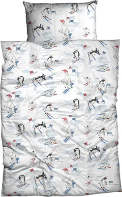 A bedding set with a winter-themed print of penguins and polar bears skiing.