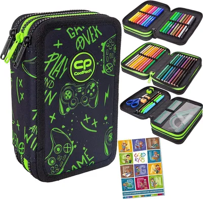 Produktbild von Federtasche 3-fache Federmappe Game Night Federmäppchen 46-teilig gefüllte Schüleretui Stifte und Pinsel inkl. Aufgabenheft Federbox Etui Stiftetasche Schlamper-Etui Schul-Etui