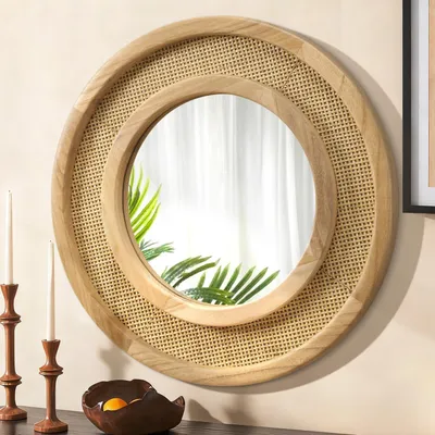 Obrázek produktu pro Zrcadlo na zeď, průměr 60 cm, kulaté, s dřevěným rámem, vhodné do obývacího pokoje