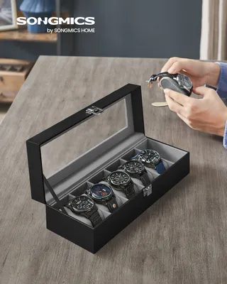 Obrázek produktu pro SONGMICS Box na hodinky pro 6 hodinek, pouzdro na hodinky se skleněným víkem, pouzdro na hodinky se zámkem