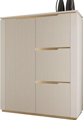 Produktbild von MIRJAN24 Sideboard Hilafin 4D, Stilvoll Wohnzimmer, Sideboard mit vier Drehtüren (Farbe: Sandbeige + Gold)
