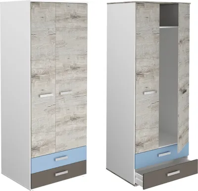 Produktbild von Kleiderschrank LEEDS-10 mit 2 Türen und 2 Schubkästen, Sandeiche Nb./weiß/Lava/Denim, B/H/T ca. 75,6/193,5/60,0 cm