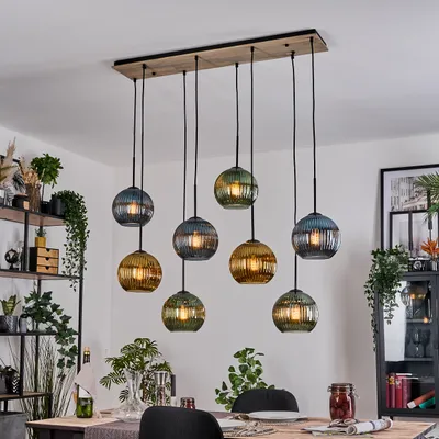 Produktbild von Cesaro Hängelampe aus Metall/Holz/Riffelglas in Schwarz/Natur/Blau/Grün/Gold