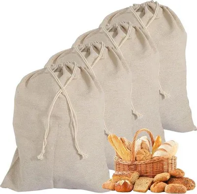 Productafbeelding van Unyqoos® Linnen broodzakken, set van 4, 30 x 41,5 cm, herbruikbare broodzakken met trekkoord, ademende opbergoplossing voor brood en baguettes