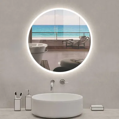 Image de Miroir de Salle de Bain LED Rond 80cm, avec antibuée, Éclairage blanc froid, Dimmable, Mémoire, IP44, HD Verre Trempé