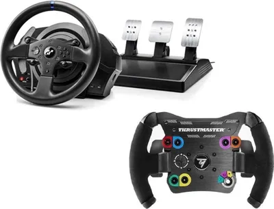 A product shot of a racing wheel and pedal set, and a separate racing wheel.