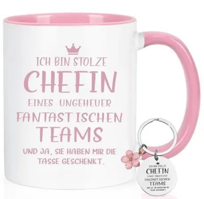 Produktbild von Tasse mit Spruch für Chefin, Geschenk Schlüsselanhänger, Keramik, Rosa, 320ml