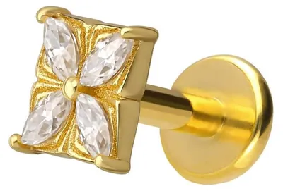 Produktbild von Ohrpiercing, Nasenpiercing Titan Labret mit Innengewinde + 925er Silber Aufsatz MOISSANIT-BLUME Gold Stablänge: 6mm | Stabstärke: 1,2mm