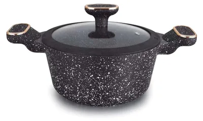 A black cooking pot with a speckled design and gold accents, shown from a front-side angle on a white background.