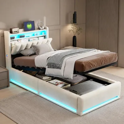 Produktbild von INONEFT Polsterbett 90x200 mit LED, Jugendbett Einzelbett, Stauraum-Kopfteil mit Ladestation, Hydraulisches Boxspringbett mit Lattenrost, Samt, Beige, KI-generiertes Bild