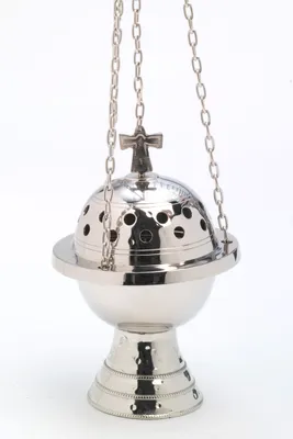 Produktbild von Weihrauchfass mit Kette zum Hängen aus Messing vernickelt Silber Höhe 19 cm mit Innenschale aus Stahl für die Räucherkohle