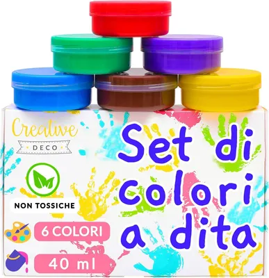 Immagine prodotto di Creative Deco Colori a Dita, Tempere Lavabili per Bambini | Kit Pittura 6 x 40 ml | Colori Intensi| Finger Paint a Base d'Acqua Atossici e Sicuri