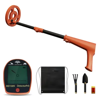 Produktbild von XMTECH Kinder Metalldetektor Orange, Verstellbarer Schatzsucher mit wasserdichter 16,5 cm Suchspule, LCD-Display, Signalton, inklusive Schaufel & Tragetasche, Metallsuchgerät für Kinder & Erwachsene