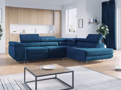 Produktbild von Ecksofa L-Form Couch mit Schlaffunktion und Verstellbare Kopfstützen - GUSTAW - Dunkelblau - Rechts