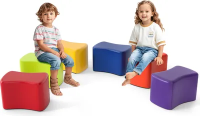 Zdjęcie produktu dla COSTWAY zestaw 6 taboretów dziecięcych, taboret motyl wykonany z pianki ze zdejmowaną imitacją skóry, taboret do siedzenia, taboret na nogi do pokoju dziecięcego, przedszkola