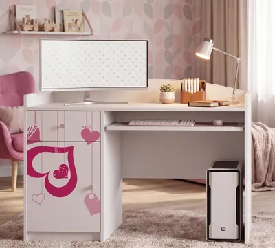 Immagine prodotto di Scrivania bianca per bambini "Happy B04" | Scrivania per PC con ripiano estraibile | Postazione di studio moderna per i compiti e la didattica a distanza, cuori