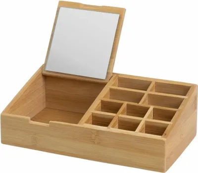 Image de HowHomely | Organiseur - Organiseur cosmétique avec miroir - 25 x 13 x 8 cm - Bambou - Boîte de rangement