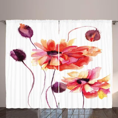 Produktbild von ARANDE Blumen Gardine, Aquarell-Malerei-Mohnblumen-Blumen und Knospen künstlerischer Frühlings-Natur-Entwurf, 280 x 245 cm, Peach Scarlet Lila