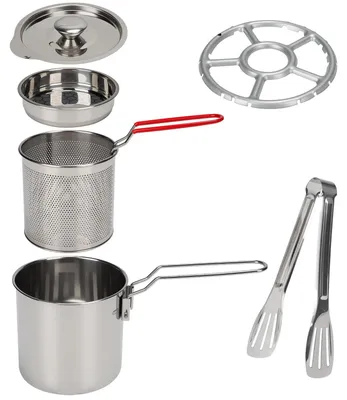 Obrázek produktu pro Nádoba na olejový filtr, objem 1,2 litru - Nerezová ocel - Fritéza s cedíkem - Nádržka na tuk - Rukojeť - Ergonomický design - Cedník na olej