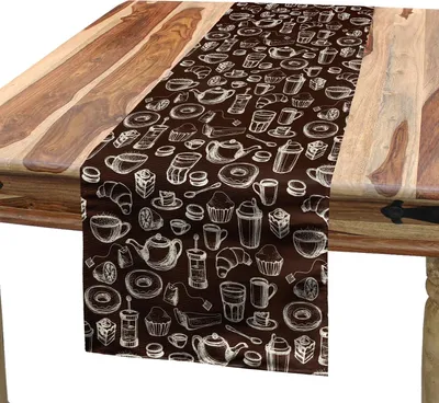 Produktbild von ABAKUHAUS Braun und weiß Tischläufer, Hand gezeichnetes Art-Muster mit Kaffee-Tee-Schalen-Donuts und Bonbons, 40 x 180 cm, Dunkelbraun und Weiß